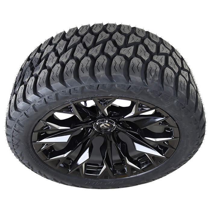 20x9 Fuel Offroad FLAME D803 Black/Milled 33x12.50R20 AMP Tires Terrain Pro A/T