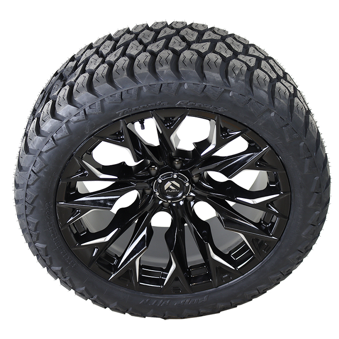 20x9 Fuel Offroad FLAME D803 Black/Milled 33x12.50R20 AMP Tires Terrain Pro A/T